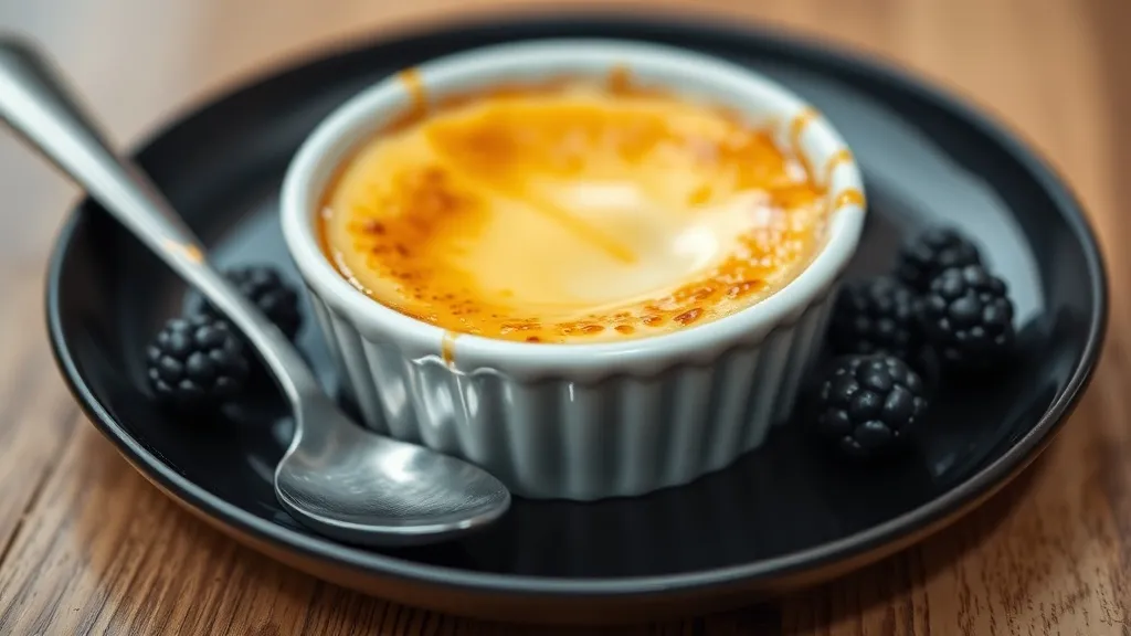 Ramequin de crème brûlée com casquinha de açúcar caramelizado dourado e trincado pela colher, fundo de creme amarelo-pálido cremoso