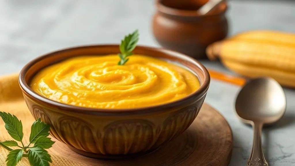 Tigelas rasas de curau de milho amarelo cremoso polvilhado com canela, milho fresco ao lado sobre mesa de madeira clara