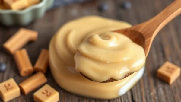 Tacho de cobre com doce de leite caseiro cremoso e cor caramelo escura, colher de pau erguida mostrando o fio encorpado que cai devagar