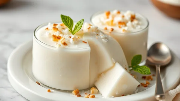 Manjar branco de coco desenformado sobre prato branco com calda de ameixa preta escorrendo pelas laterais, visto levemente de lado sobre mesa clara