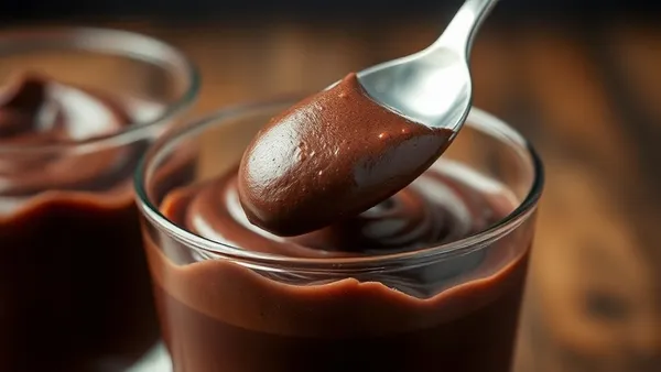 Taça de vidro com mousse de chocolate escura e aerada, com uma colherada mostrando a textura cheia de bolhas finas e brilho de cobertura