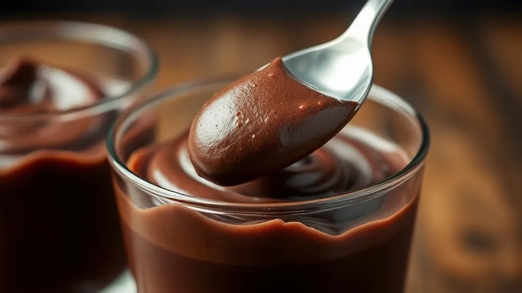 Taça de vidro com mousse de chocolate escura e aerada, com uma colherada mostrando a textura cheia de bolhas finas e brilho de cobertura