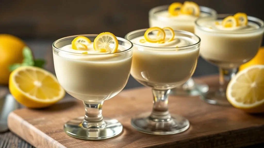 Taças de vidro com mousse de limão cremosa de cor amarelo-claro, decoradas com raspas de limão e folhas de hortelã