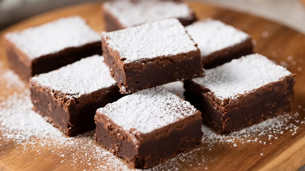 Quadrados de doce de chocolate com biscoito polvilhados com açúcar de confeiteiro sobre tábua de madeira