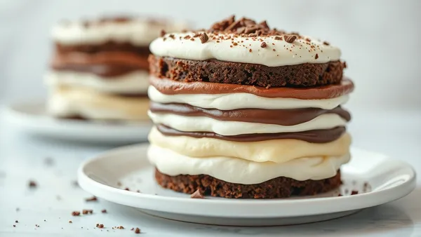 Pavê de chocolate cremoso em travessa de vidro com camadas alternadas de biscoito e creme escuro, coberto com raspas de chocolate