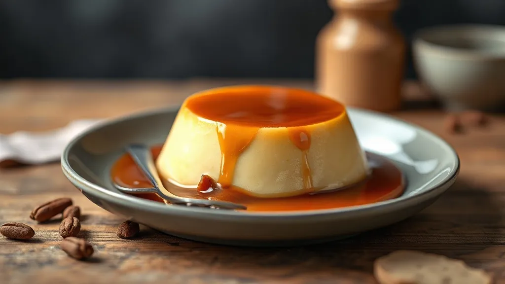 Pudim de leite condensado desenformado com calda de caramelo escorrendo pelas laterais