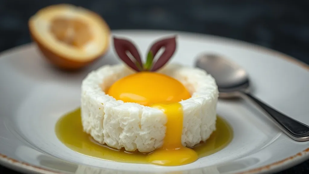 Quindim desenformado sobre prato branco, superfície brilhante dourada, camada de coco visível na base