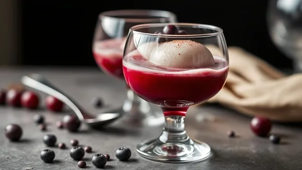Taça de sagu de vinho com bolinhas translúcidas roxo-rubi e uma colher ao lado