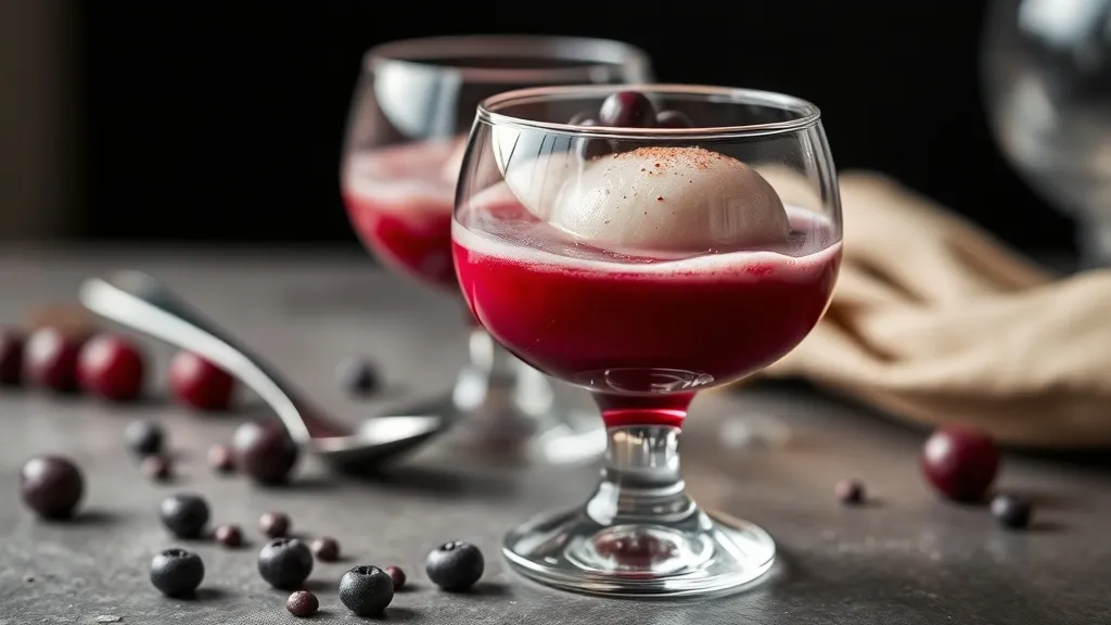 Taça de sagu de vinho com bolinhas translúcidas roxo-rubi e uma colher ao lado