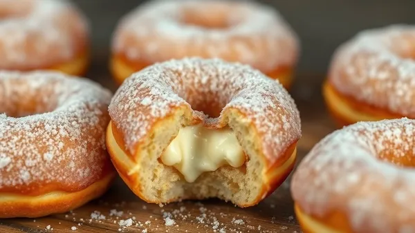 Sonho recheado com creme de confeiteiro, cortado ao meio, polvilhado com açúcar, sobre bandeja de padaria