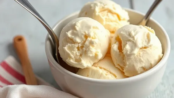 Três bolas de sorvete de creme caseiro em uma tigela, mostrando textura cremosa e lisinha sem cristais de gelo