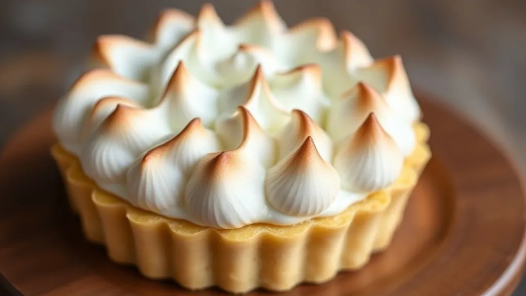 Torta de limão merengada com merengue dourado e firme sobre creme amarelo-esverdeado, fatia cortada revelando as camadas