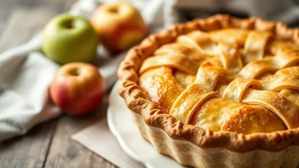 Torta de maçã caseira com massa podre dourada, fatias expostas de maçã caramelizada e borda crocante sobre bancada de madeira