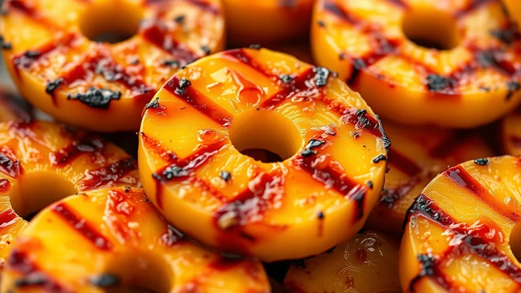 Fatias de abacaxi grelhado na brasa com marcas douradas da grelha e calda caramelizada