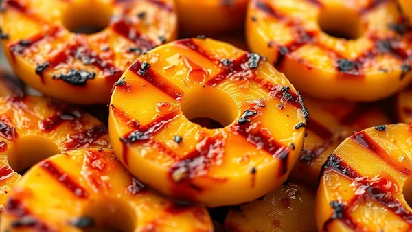 Fatias de abacaxi grelhado na brasa com marcas douradas da grelha e calda caramelizada