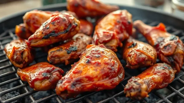 Asinhas de frango grelhadas na brasa com pele dourada e marcas de grelha, servidas sobre tábua de madeira rústica