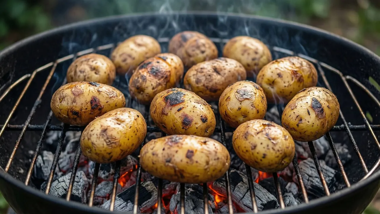 Batatas inteiras envoltas em papel-alumínio assando sobre brasas de churrasqueira