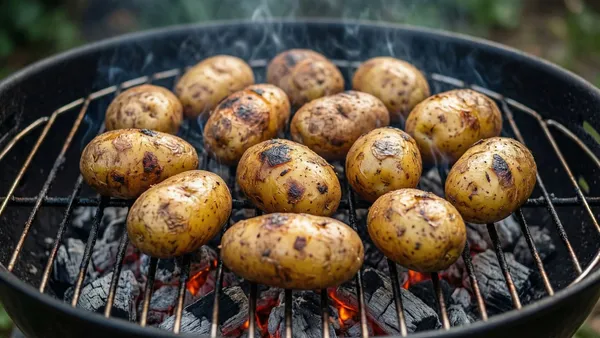 Batatas inteiras envoltas em papel-alumínio assando sobre brasas de churrasqueira