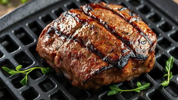 Bife de chorizo grelhado na brasa, com crosta marrom escura e miolo rosado, sobre tábua de madeira