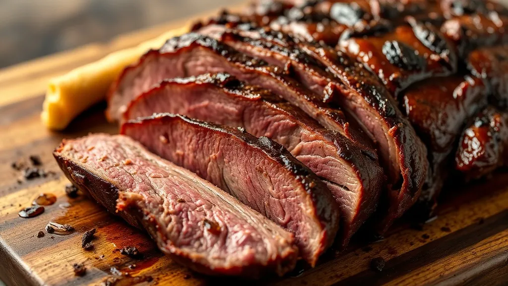 Brisket de peito bovino fatiado na tábua, com casca escura e interior rosado, brasa ao fundo