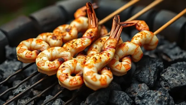 Espetos de camarão grelhados na brasa com marcas de grelha e limão ao lado sobre tábua de madeira