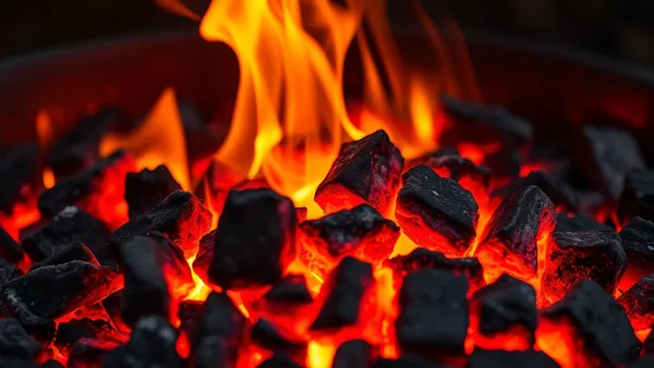 Brasa incandescente de carvão vegetal coberta por cinza clara, com labaredas baixas ao fundo