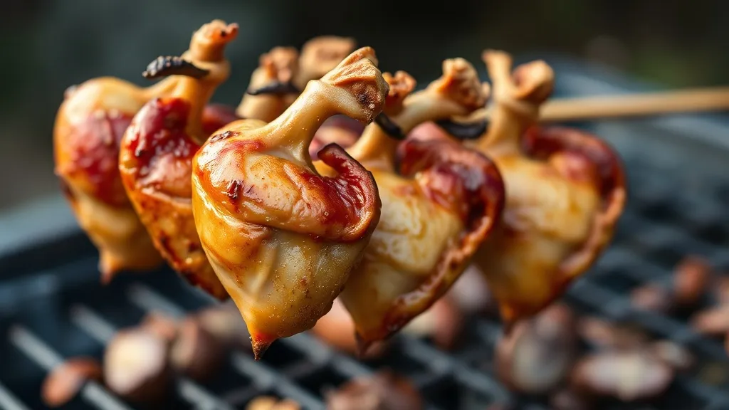 Espetos de coração de frango grelhados na brasa com casca dourada e marcas de grelha, servidos sobre tábua de madeira