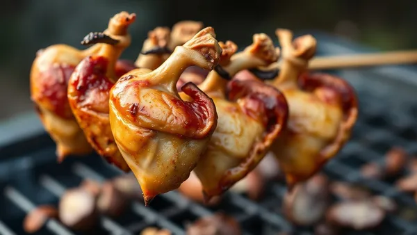 Espetos de coração de frango grelhados na brasa com casca dourada e marcas de grelha, servidos sobre tábua de madeira