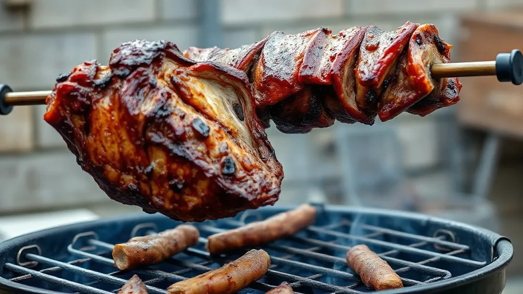 Costela suína girando no espeto sobre brasa de carvão, com a carne dourada e a gordura tostando nas bordas