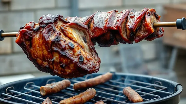 Costela suína girando no espeto sobre brasa de carvão, com a carne dourada e a gordura tostando nas bordas