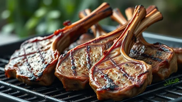Costeletas de cordeiro grelhadas na brasa com osso aparente, crosta dourada e ervas, sobre tábua de madeira