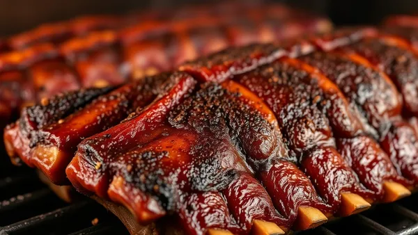 Costelinha de porco assada no bafo com casca de dry rub marrom-escura, osso à mostra, fatiada sobre tábua de madeira com brasa ao fundo