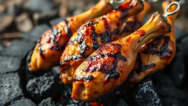 Coxas de frango douradas e crocantes sobre a grelha em brasas de carvão, com marcas de grelhado e fumaça leve