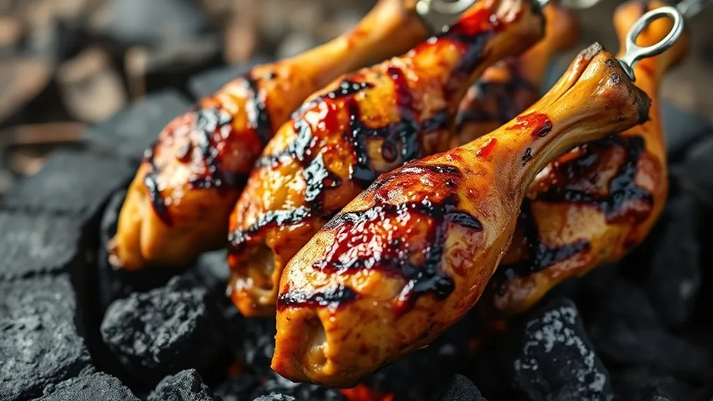 Coxas de frango douradas e crocantes sobre a grelha em brasas de carvão, com marcas de grelhado e fumaça leve