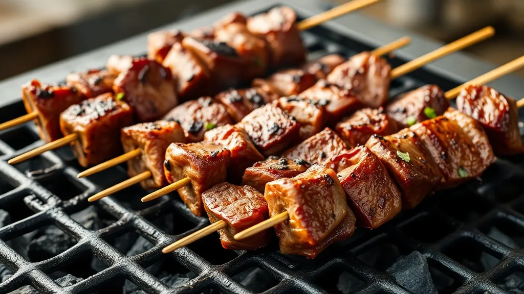 Espetinhos de carne bovina grelhados sobre brasa, com crosta dourada e gotas de marinada, em tábua de madeira escura