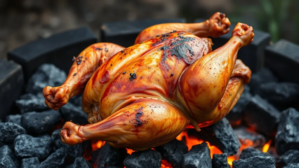 Frango inteiro aberto e grelhado na brasa, com a pele dourada e crocante sobre a grelha da churrasqueira