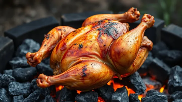 Frango inteiro aberto e grelhado na brasa, com a pele dourada e crocante sobre a grelha da churrasqueira