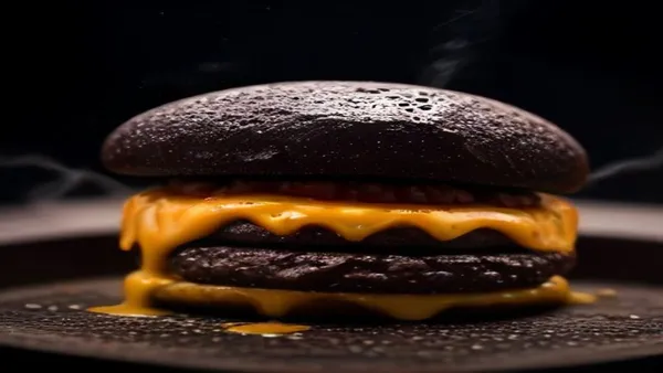 Hambúrguer com crosta escura e queijo derretido sendo selado sobre brasa acesa, com fumaça e chama subindo da grelha