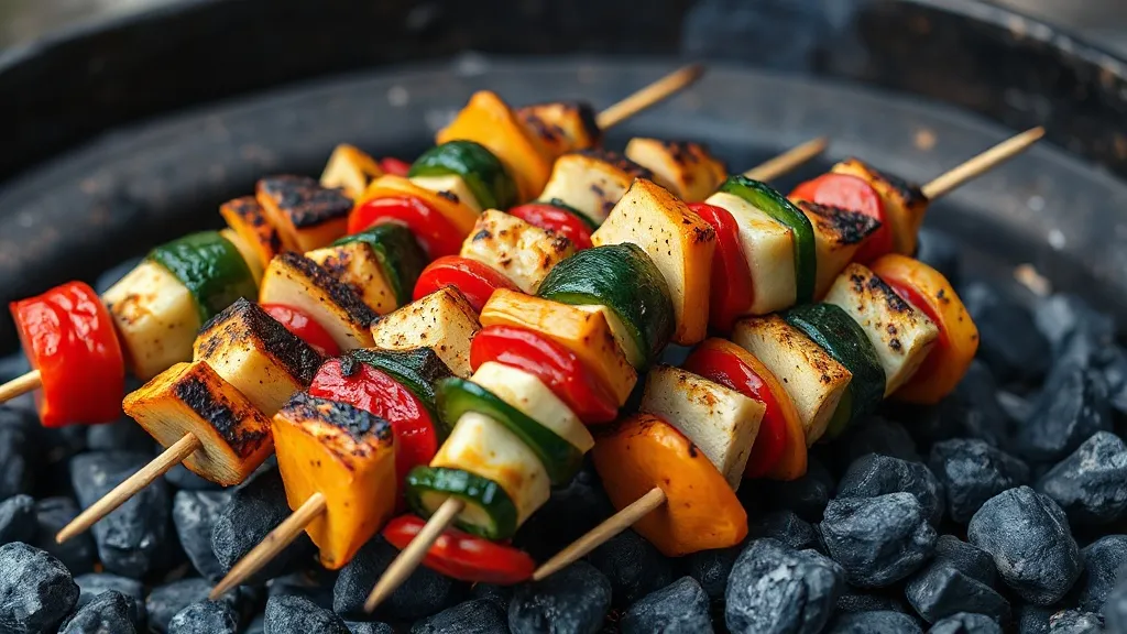 Travessa de legumes grelhados na brasa — abobrinha, berinjela, pimentão, cebola roxa e tomate cereja com marcas de grelha, regados com manteiga de ervas