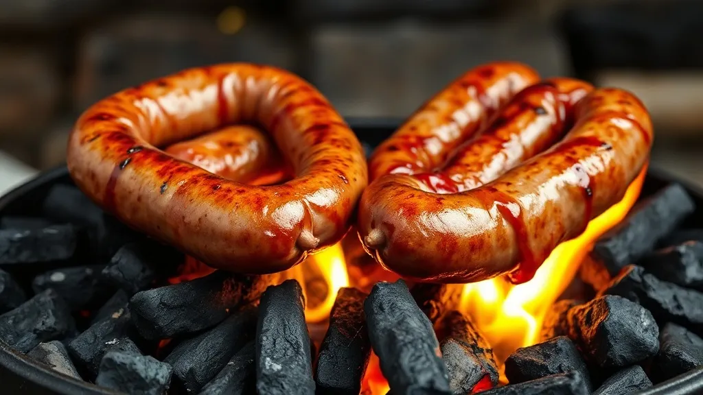 Linguiças assando sobre churrasqueira com duas zonas de brasa