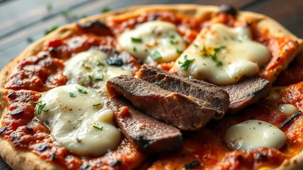 Matambre bovino aberto na grelha coberto com molho de tomate e muçarela derretida, com orégano por cima e brasas ao fundo