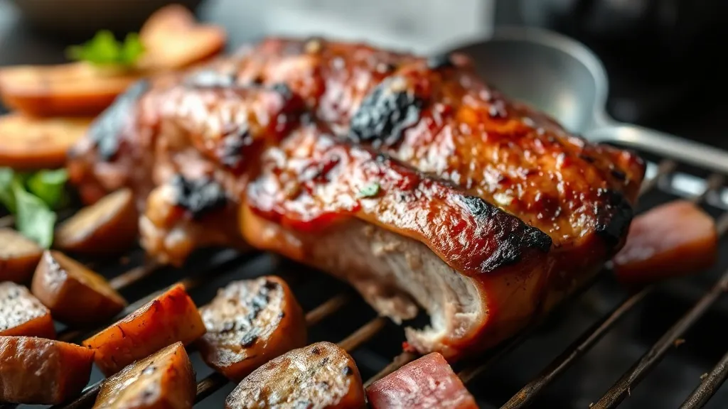 Pernil suíno inteiro assado na brasa sobre tábua de madeira, com crosta dourada crocante e fatias suculentas ao lado