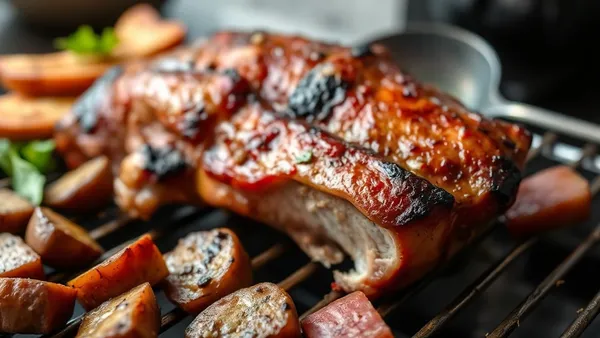 Pernil suíno inteiro assado na brasa sobre tábua de madeira, com crosta dourada crocante e fatias suculentas ao lado