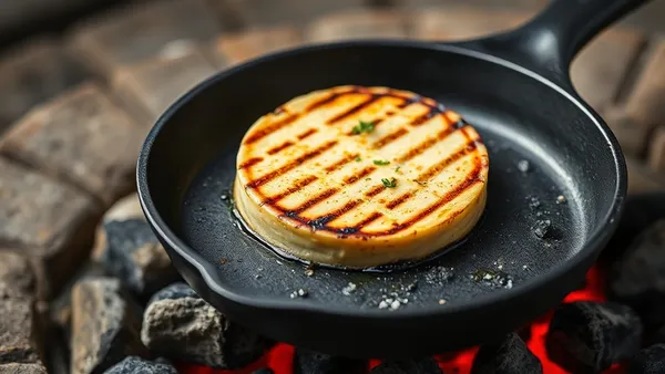 Provoleta de provolone dourada e borbulhante numa frigideira de ferro sobre a brasa, salpicada de orégano e pimenta vermelha