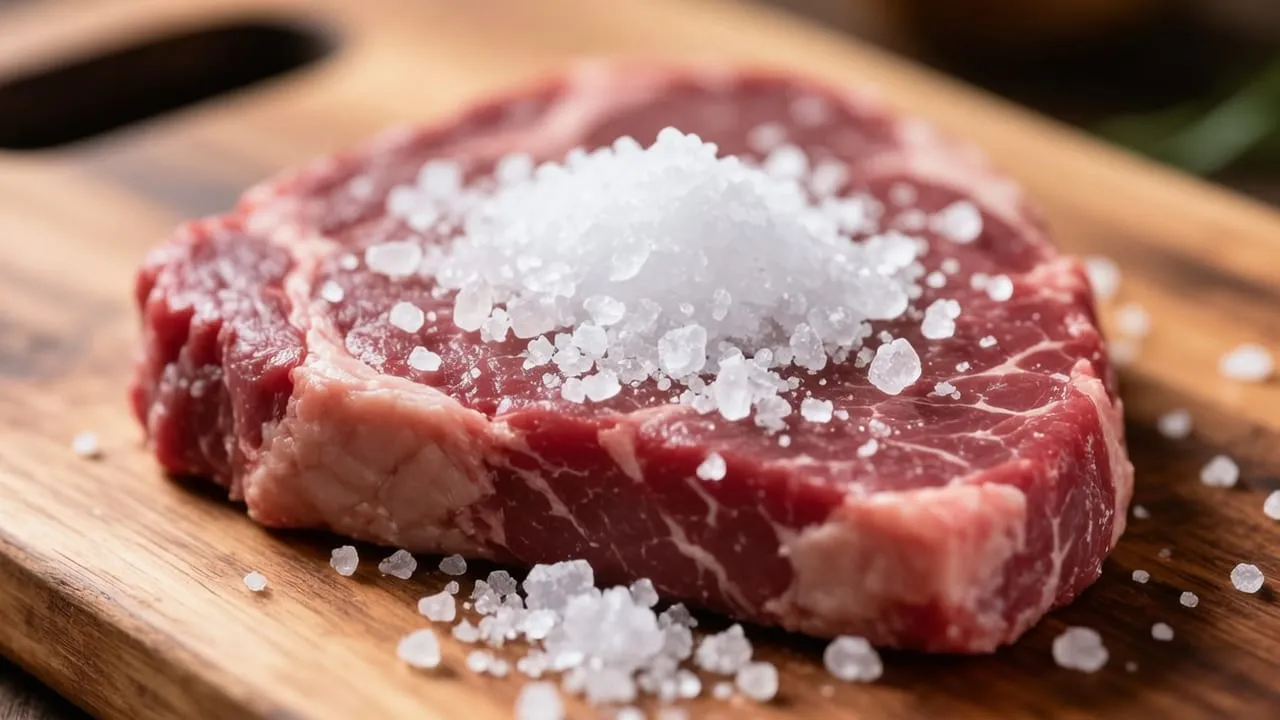 Sal grosso sendo espalhado sobre um bife cru em uma tábua de madeira, pronto para ir à churrasqueira