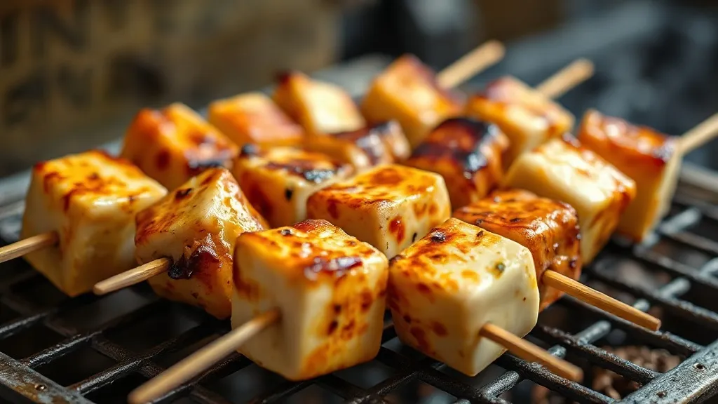 Espetos de queijo coalho dourados na brasa, com a casca tostada em xadrez e o melado de cana escorrendo por cima