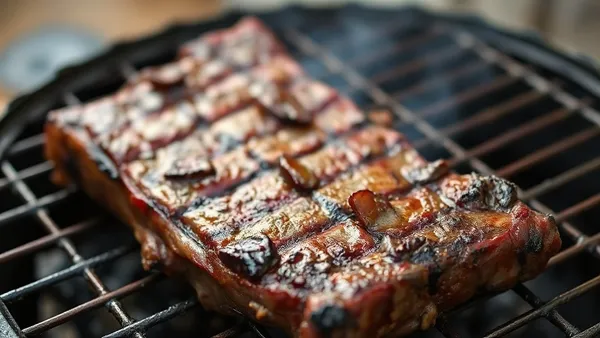 Short rib grelhado na brasa com osso aparente e crosta escura, fatiado sobre tábua de madeira mostrando interior rosado e suculento