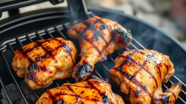 Sobrecoxas de frango com pele dourada e crocante grelhadas na brasa, com marcas da grelha e gordura caramelizada, servidas sobre tábua de madeira