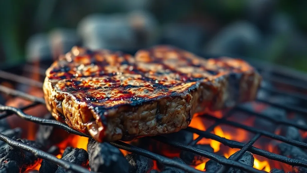 T-bone grelhado na brasa com o osso em T no centro, mostrando o contrafilé de um lado e o filé mignon do outro, casca dourada e interior rosado