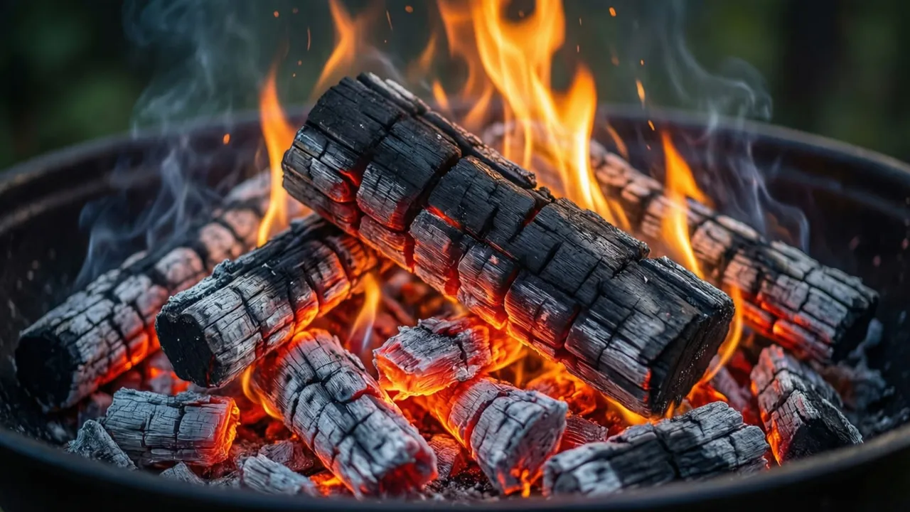 Brasa de carvão incandescente em close, com labaredas baixas e fumaça fina subindo da grelha